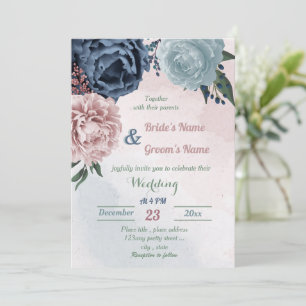 Invitation belle rose bleu vert fleuri mariage