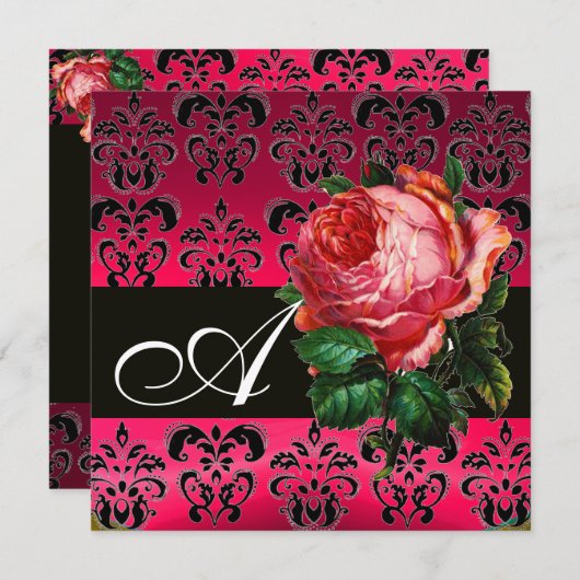 INVITATION BELLE ROSE FUCHSIA NOIR DAMAS MONOGRAMME (Devant / Derrière)