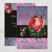 INVITATION BELLE ROSE PÂLE LILAS BLEU DAMASSÉ MONOGRAMME (Devant / Derrière)