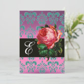 INVITATION BELLE ROSE PÂLE LILAS BLEU DE DAMAS À MONOGRAMME (Debout devant)