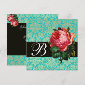 INVITATION BELLE ROSE PINK  DAMAS BLEU NOIR MONOGRAMME (Devant / Derrière)