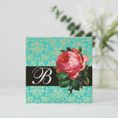 INVITATION BELLE ROSE PINK  DAMAS BLEU NOIR MONOGRAMME (Debout devant)