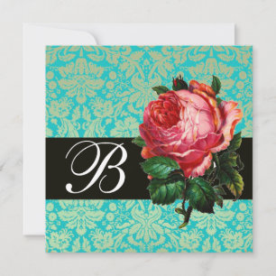 INVITATION BELLE ROSE PINK DAMAS BLEU NOIR MONOGRAMME