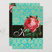 INVITATION BELLE ROSE PINK  MONOGRAMME DAMASSÉ BLEU NOIR (Devant / Derrière)