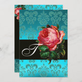INVITATION BELLE ROSE PINK  MONOGRAMME DAMASSÉ BLEU NOIR (Devant / Derrière)