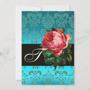 INVITATION BELLE ROSE PINK MONOGRAMME DAMASSÉ BLEU NOIR