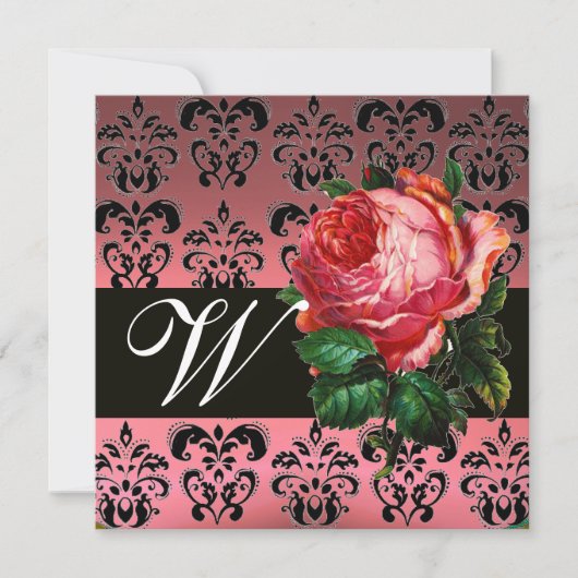 INVITATION BELLE ROSE PINK MONOGRAMME DAMASSÉ NOIR BLANC (Devant)