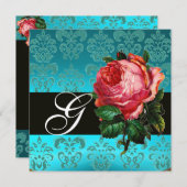 INVITATION BELLE ROSE PINK  MONOGRAMME DAMASSÉ NOIR BLEU (Devant / Derrière)