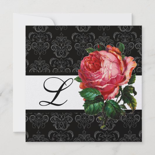 INVITATION BELLE ROSE PINK  NOIR BLANC  MONOGRAMME DAMASSÉ (Devant)