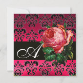 INVITATION BELLE ROSE POURPRE FUCHSIA DAMAS NOIR MONOGRAMME (Devant)