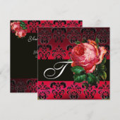 INVITATION BELLE ROSE POURPRE FUCHSIA NOIR DAMAS MONOGRAMME (Devant / Derrière)