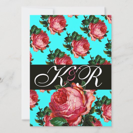 INVITATION BELLE ROSE ROSE AQUA BLEU TEAL MONOGRAMME FLORAL (Devant)