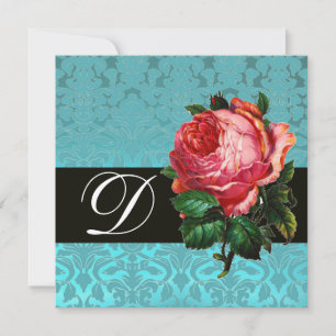 INVITATION BELLE ROSE ROSE DAMAS BLEU NOIR MONOGRAMME
