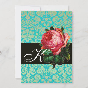 INVITATION BELLE ROSE ROSE DAMAS BLEU NOIR MONOGRAMME