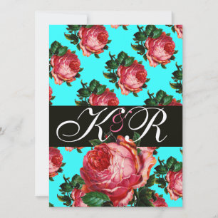 INVITATION BELLE ROSE ROSE FLORAL MONOGRAMME AQUA BLEU SARCEL