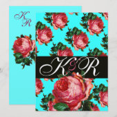 INVITATION BELLE ROSE ROSE FLORAL MONOGRAMME AQUA BLEU SARCEL (Devant / Derrière)