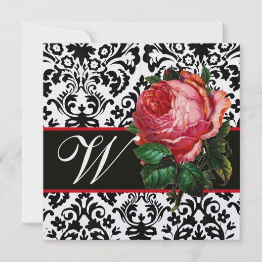 INVITATION BELLE ROSE ROSE NOIR BLANC DAMAS MONOGRAMME (Devant)