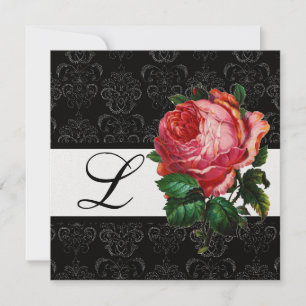 INVITATION BELLE ROSE ROSE PÂLE  NOIR BLANC  DAMAS MONOGRAMME
