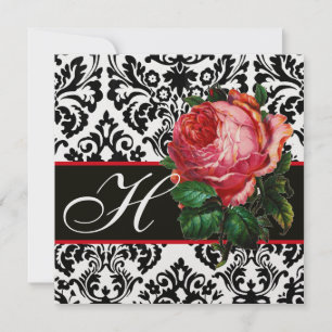 INVITATION BELLE ROSE ROSE PÂLE NOIR BLANC DAMAS MONOGRAMME