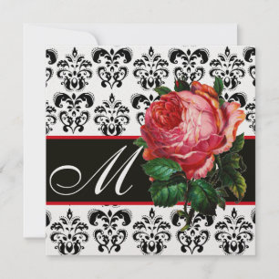 INVITATION BELLE ROSE ROSE PÂLE NOIR BLANC DAMAS MONOGRAMME