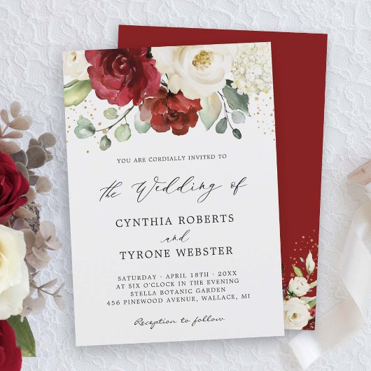 Invitation Belle Rose Rouge Blanc Rose Floral Eucalyptus Mari