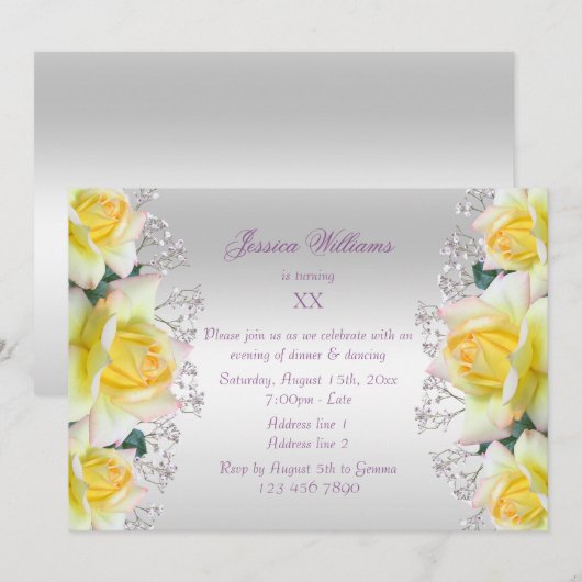 Invitation Belle Roses Jaunes Fleurs Anniversaire (Devant / Derrière)
