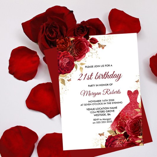 Invitation Belle Roses Rouges Roses Étincelantes Robe 21e Ann