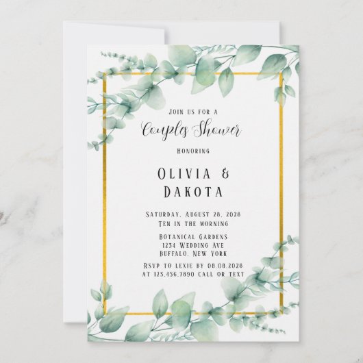Invitation Belle Sage Vert verdure Or Couples Douche (Devant)
