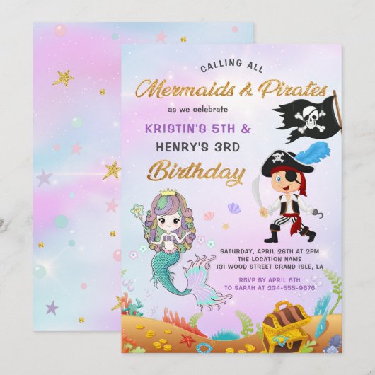 Invitation Belle Sirène & Pirate Sous La Mer Anniversaire (Devant / Derrière)