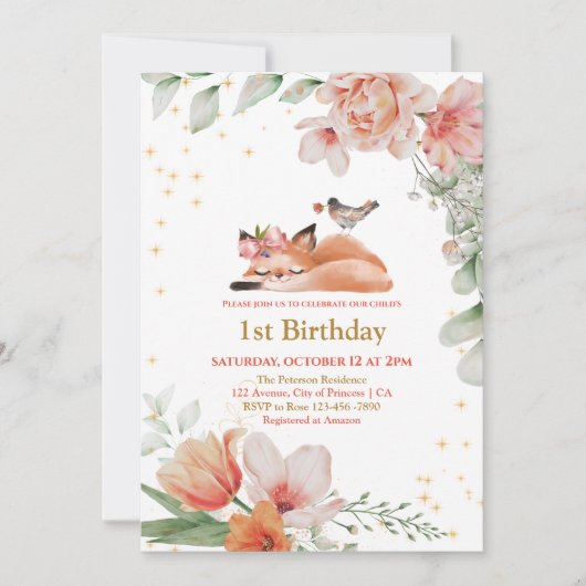 Invitation Belle Sleepy Fox Gold Parties scintillant 1er Anni (Devant)