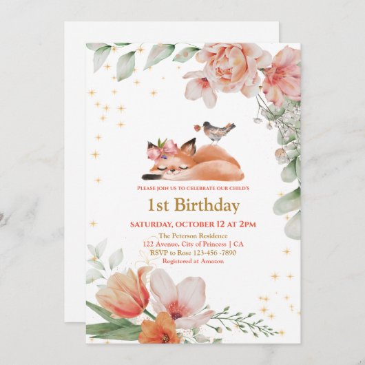 Invitation Belle Sleepy Fox Gold Parties scintillant 1er Anni (Devant / Derrière)