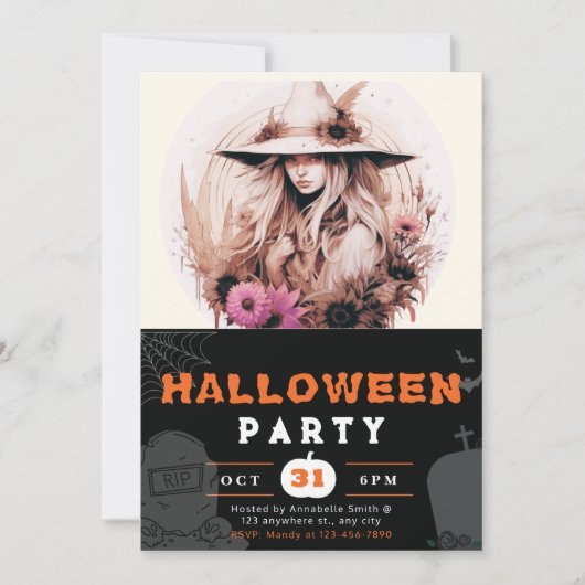 Invitation Belle sorcière Casquette de Bohême Fleurs Hallowee (Devant)