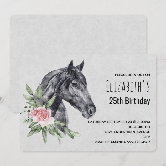 Invitation Belle tête de cheval en aquarelle Anniversaire (Devant / Derrière)