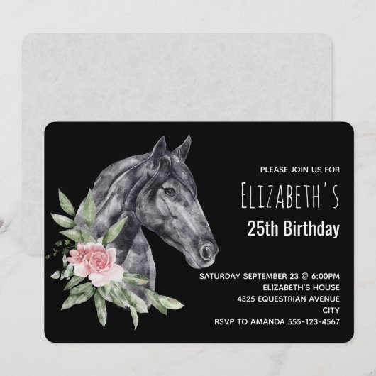 Invitation Belle tête de cheval en aquarelle Anniversaire Inv (Devant / Derrière)