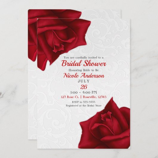 Invitation Belle texture blanche Fête des mariées Roses rouge (Devant / Derrière)