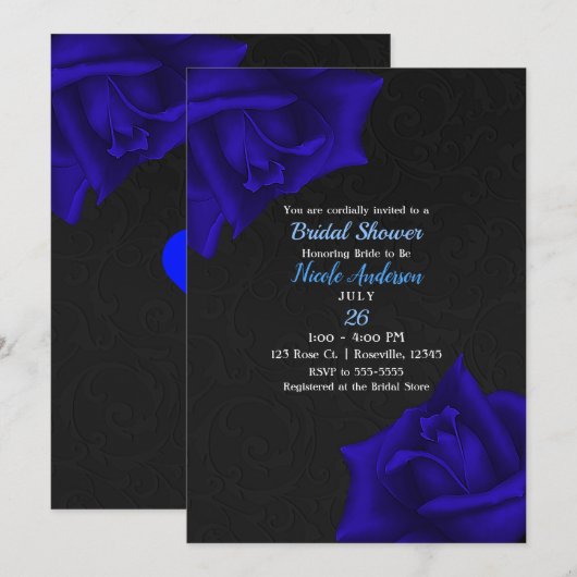 Invitation Belle texture noire Fête des mariées Rose Bleue (Devant / Derrière)