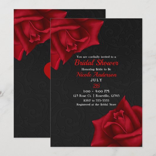 Invitation Belle texture noire Fête des mariées Roses rouges (Devant / Derrière)