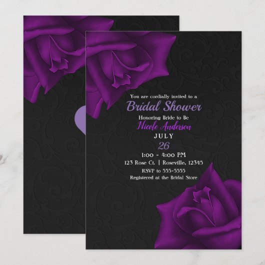 Invitation Belle texture noire Purple Rose Fête des mariées (Devant / Derrière)