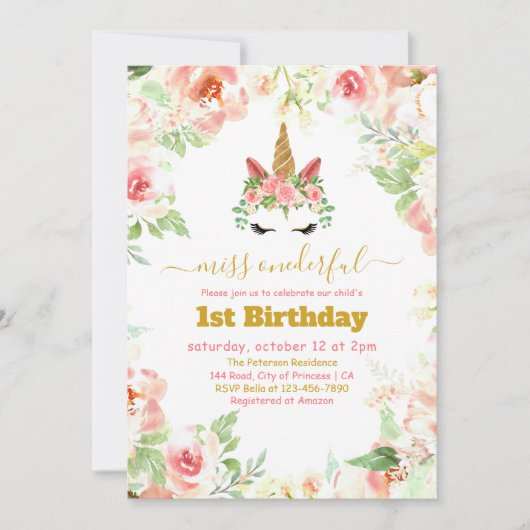 Invitation Belle Unicorne Face Aquarelle 1er Anniversaire (Devant)