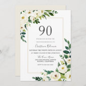 Invitation Belles fleurs blanches avec cadre 90e anniversaire (Devant / Derrière)
