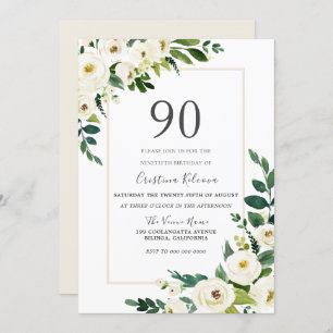 Invitation Belles fleurs blanches avec cadre 90e anniversaire