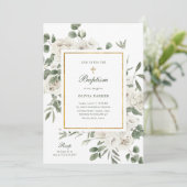 Invitation Belles fleurs blanches et or | Baptême (Debout devant)