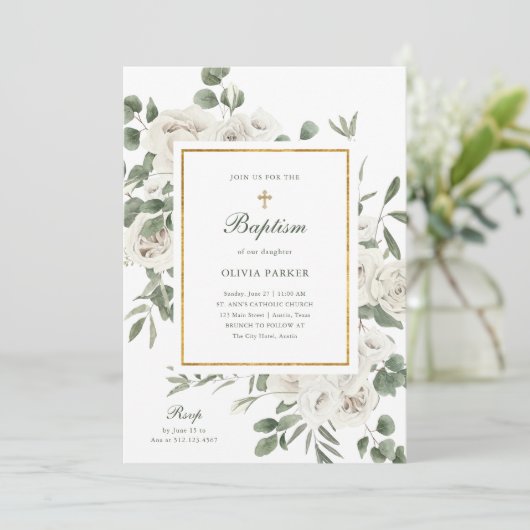 Invitation Belles fleurs blanches et or | Baptême (Debout devant)
