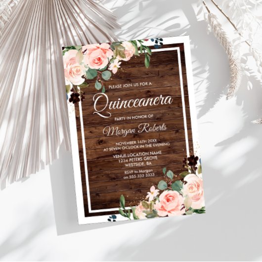 Invitation Belles fleurs blanches et Quinceanera en bois rust