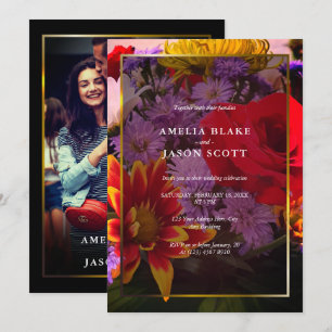 Invitation Belles Fleurs Cadre Doré avec Photo Mariage