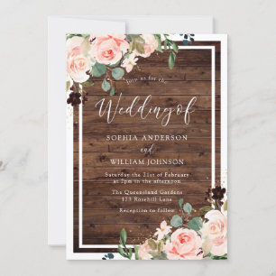 Invitation Belles Fleurs de Bleu et Mariage de Bois Rustique