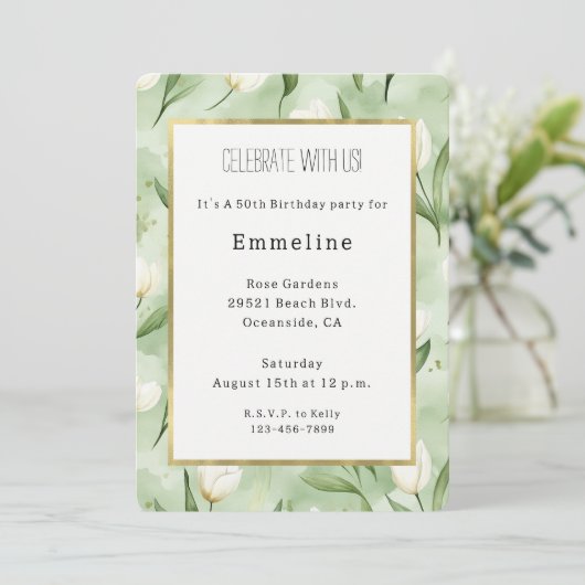 Invitation Belles fleurs de tulipe blanches et vertes pour an (Debout devant)