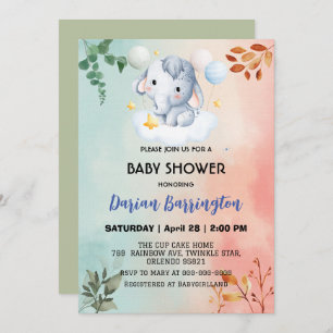 Invitation Belles fleurs d'éléphants baby shower enfants garç