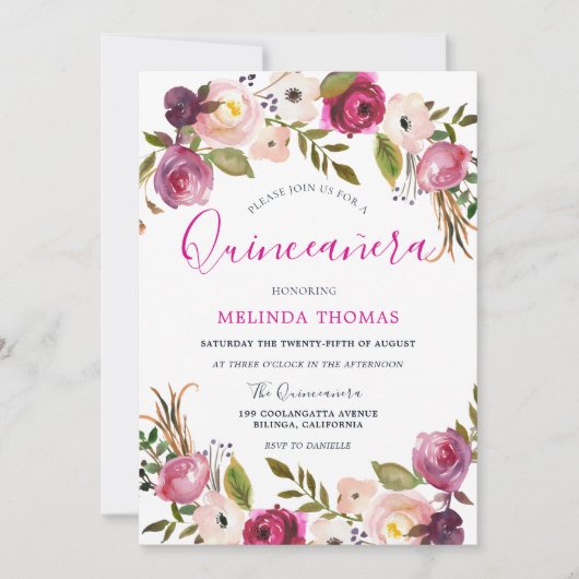 Invitation Belles fleurs roses Quinceanera 15e anniversaire (Devant)