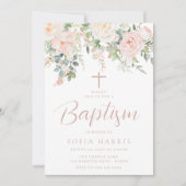 Invitation Belles Fleurs Rouges Bébé Filles Baptême (Devant)